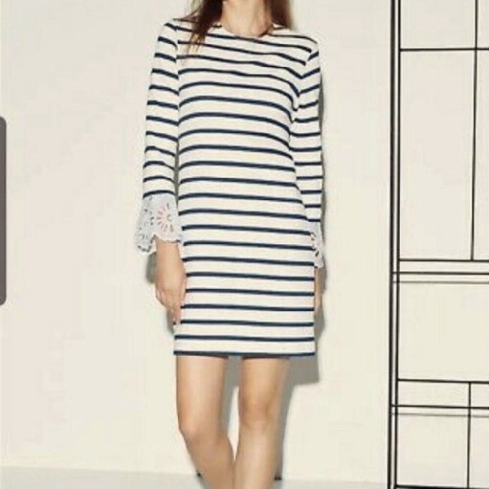 Sea NY Nautical Stripe Eyelet Lace Holiday Shift Mini Dress Cream Blue Small